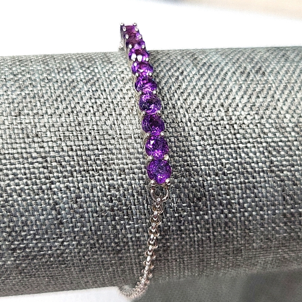 Amethyst & 925 Sterling Silver Bar Bracelet Adjustable 6.5"-8"